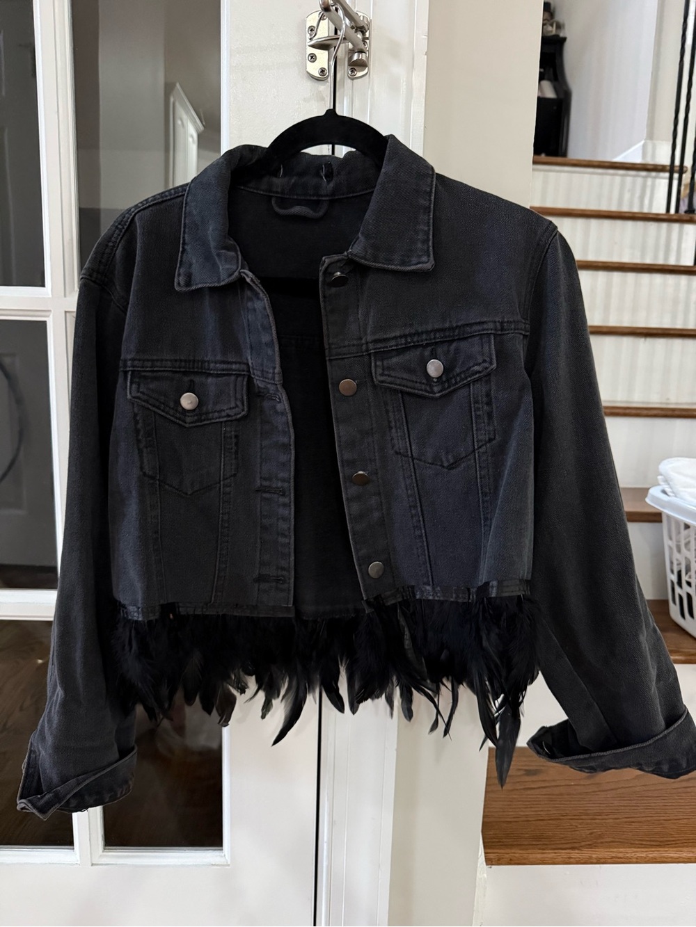 Lea & Viola Black Cropped Denim Jacket with Feather Trim